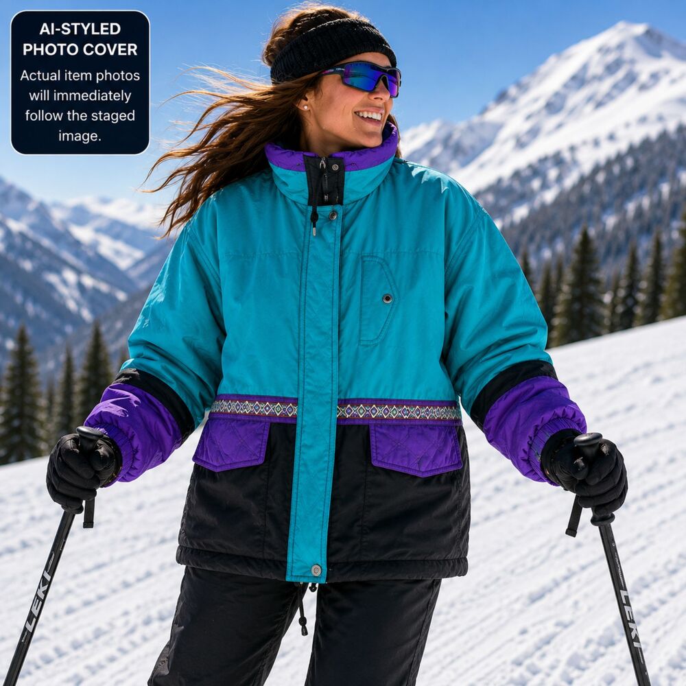 Vintage 80s Climate Zone Ski Jacket 14/16 Teal Purple Colorblock Puffer